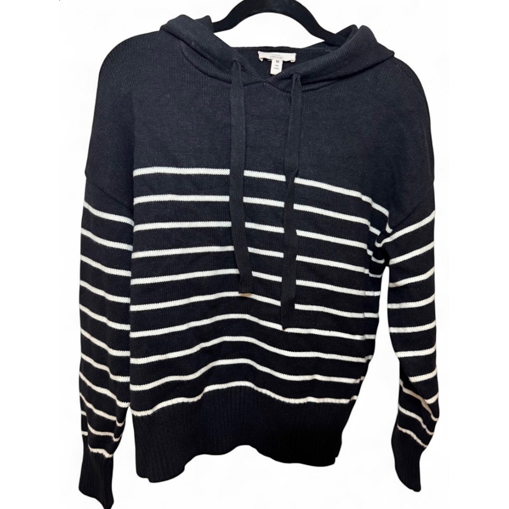 Como Vintage Women Black White Striped Knit Hoodie Sweater Size M Long Sleeve